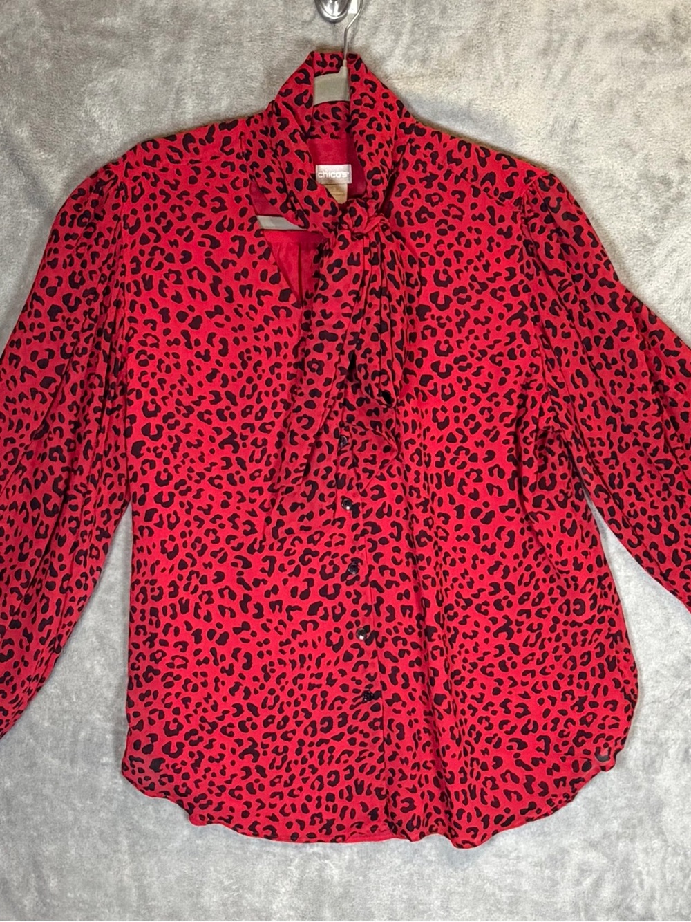 Chico's Red and Black Leopard Tie-Neck Blouse